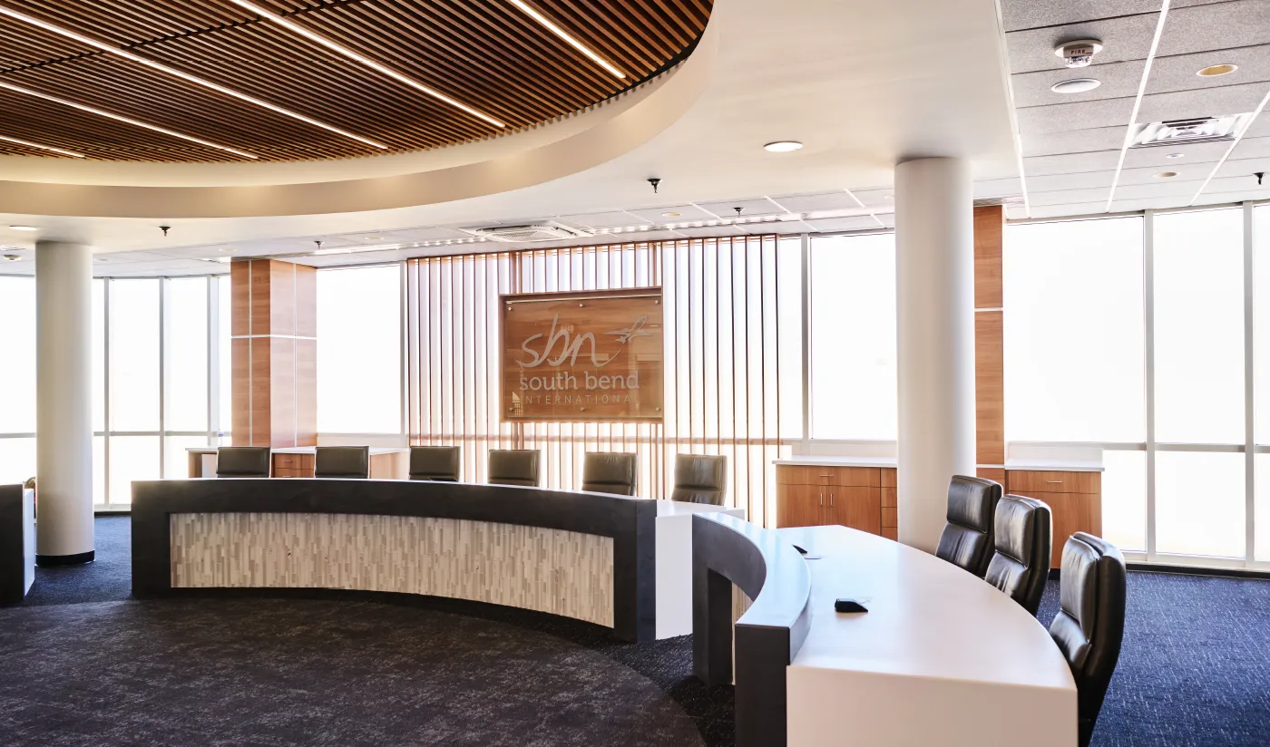 An image showcasing the newly renovated Executive Boardroom at SBN Airport